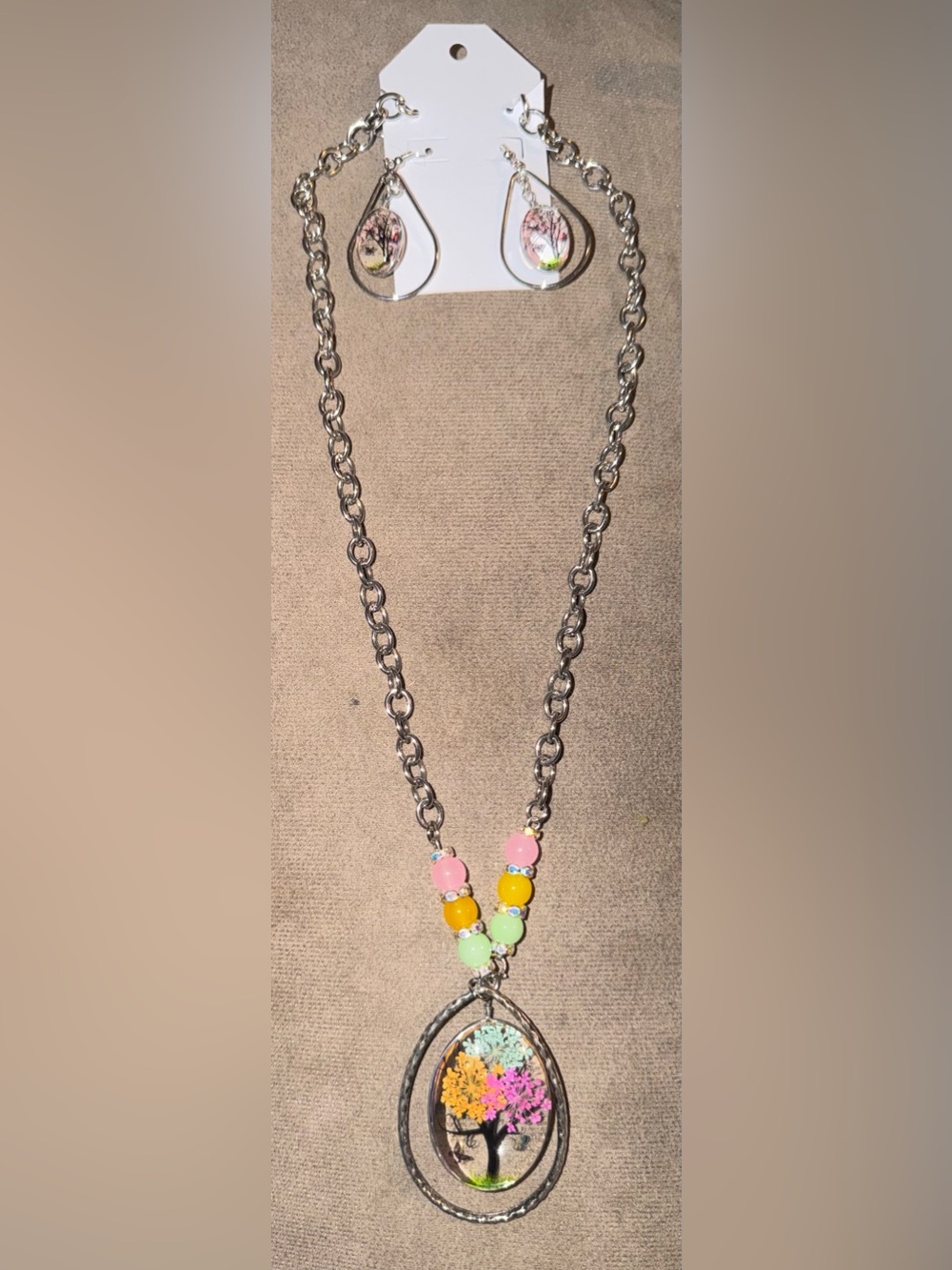 Silver Pendant Necklace with Pink, Yellow & Green Beads - with Tree of Life
